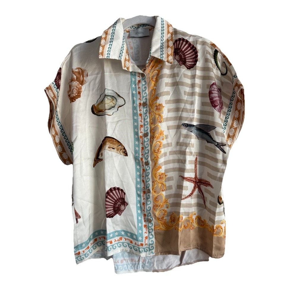 Joleen Luxe Silk Viscose Caprine Sea Life‎ Women's Button Down Blouse Size Large